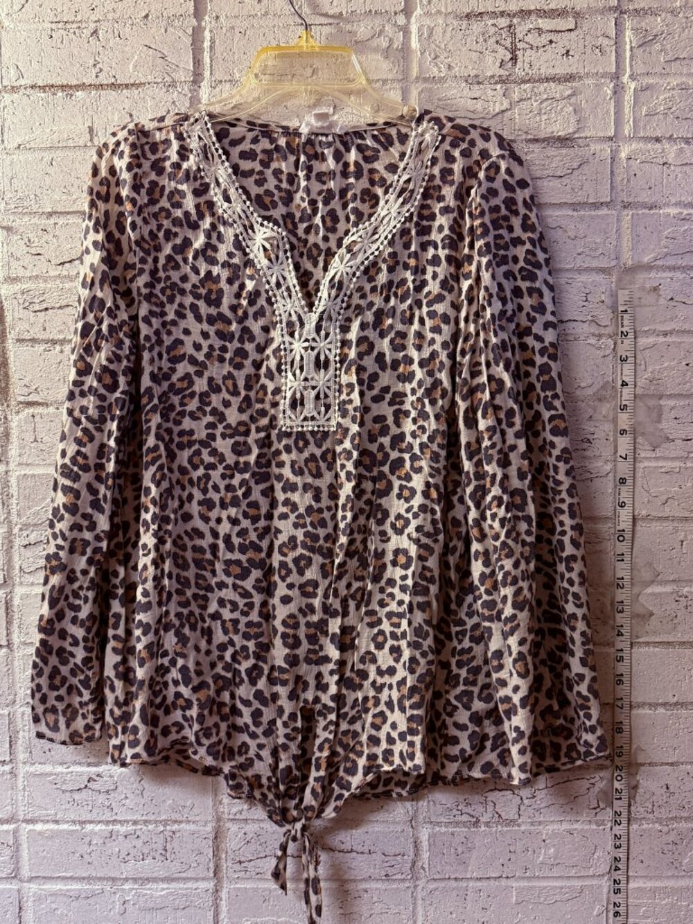 Palm Rio Womens 1X Leopard Print Boho Blouse Crochet Lace Tie Front Tunic Top